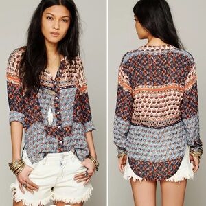FREE PEOPLE FP ONE Samba Mix Shirt Patchwork Button Up Boho Cottagecore Floral S